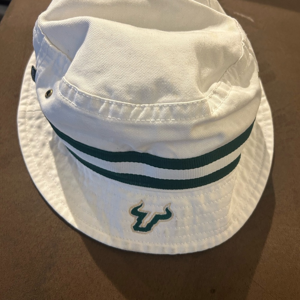 University of South Florida White Bucket Hat with Green Stripes